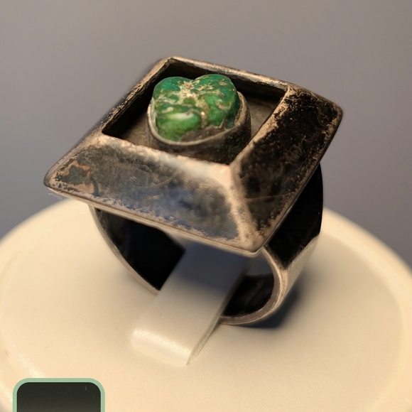 Rare Vintage Sterling Silver Turquoise Shadow Box Ring Size 9 - Picture 2 of 12